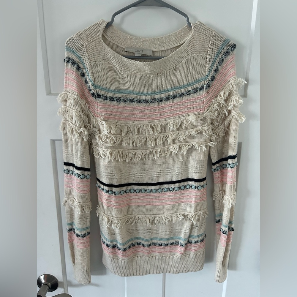 LOFT Women's Cream Multicolor Fringe Sweater